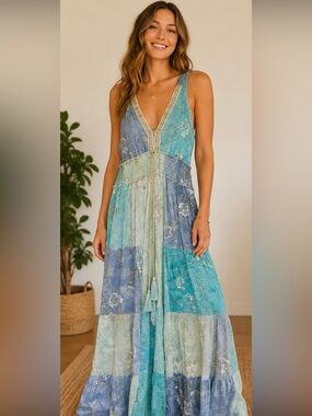 Isla Bonita Boho Patchwork Maxi Dress in Teal and Aqua- NWT